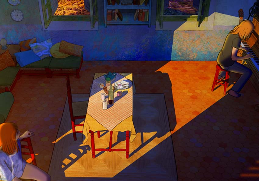 Still. A boy playing the piano and a girl in a living room